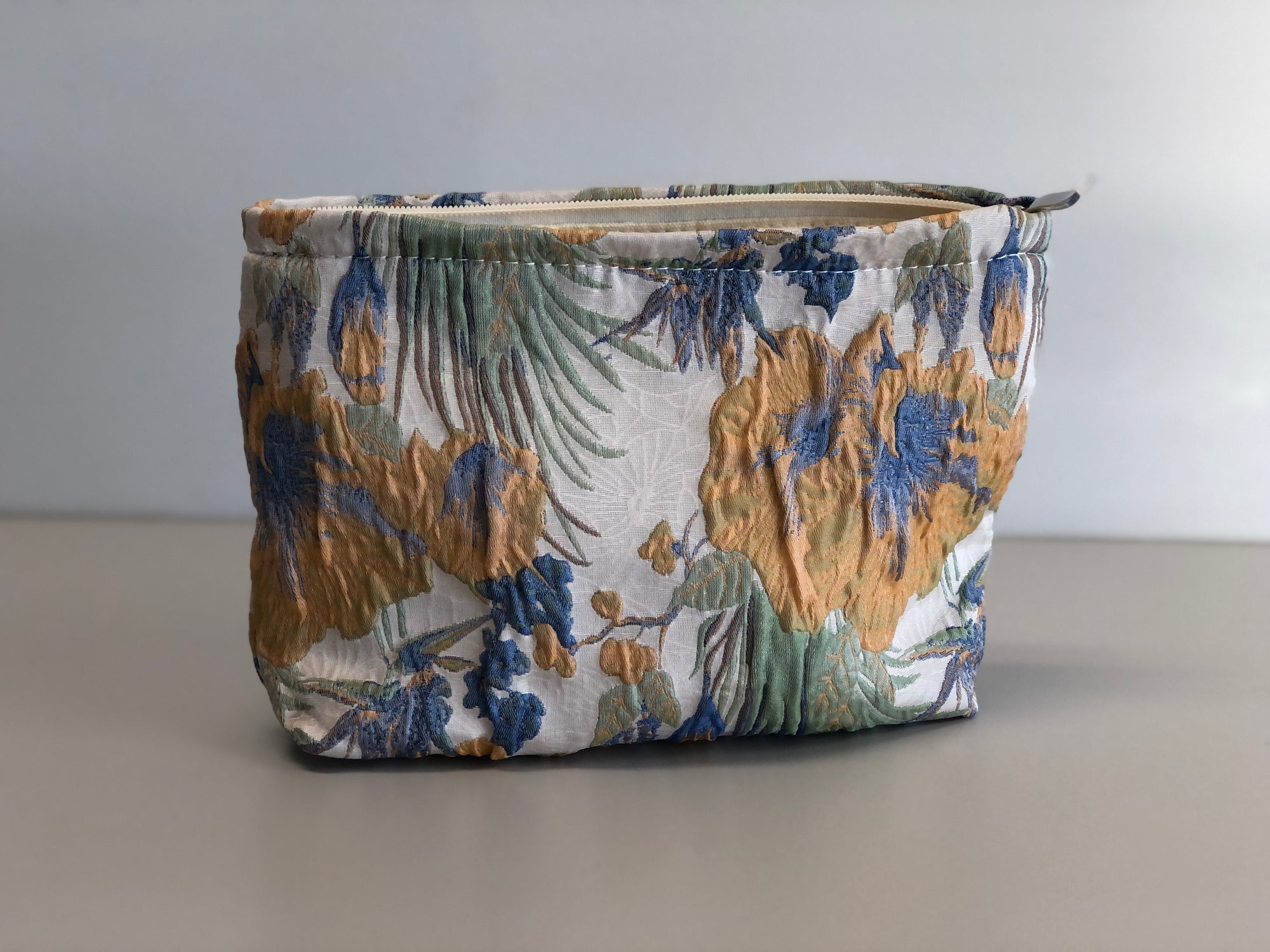 Zippered Yellow and Blue Floral Cosmetic Bag