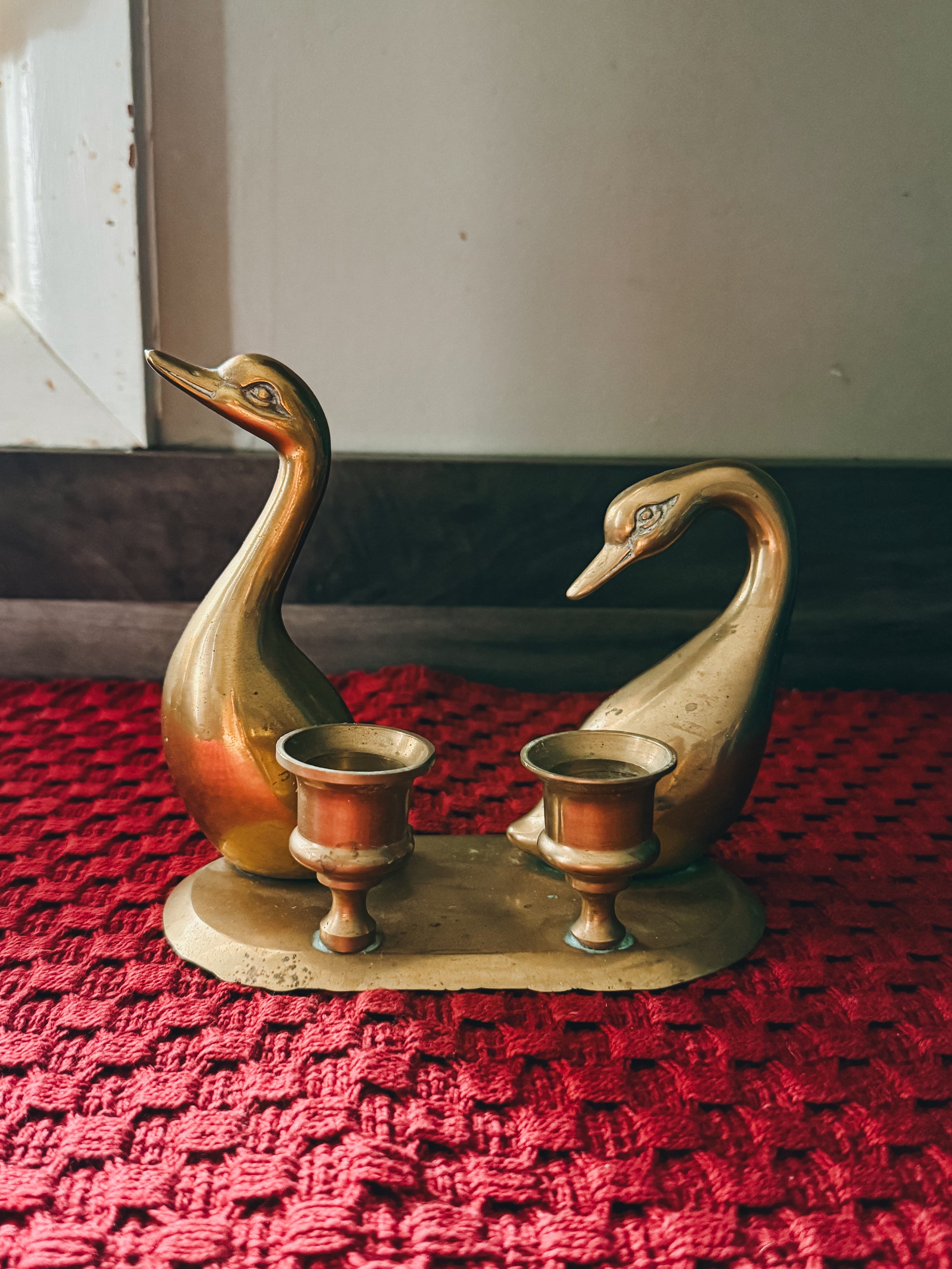 Vintage Brass Swan Double Taper Candle Holder