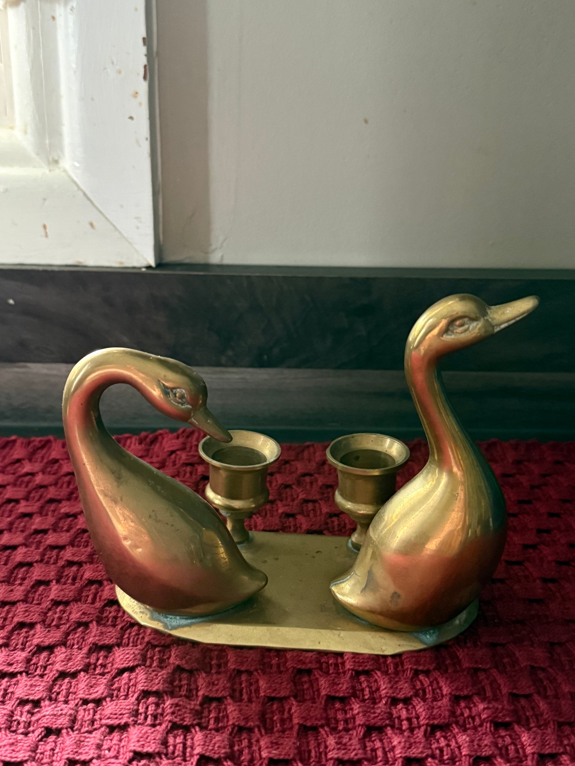 Vintage Brass Swan Double Taper Candle Holder