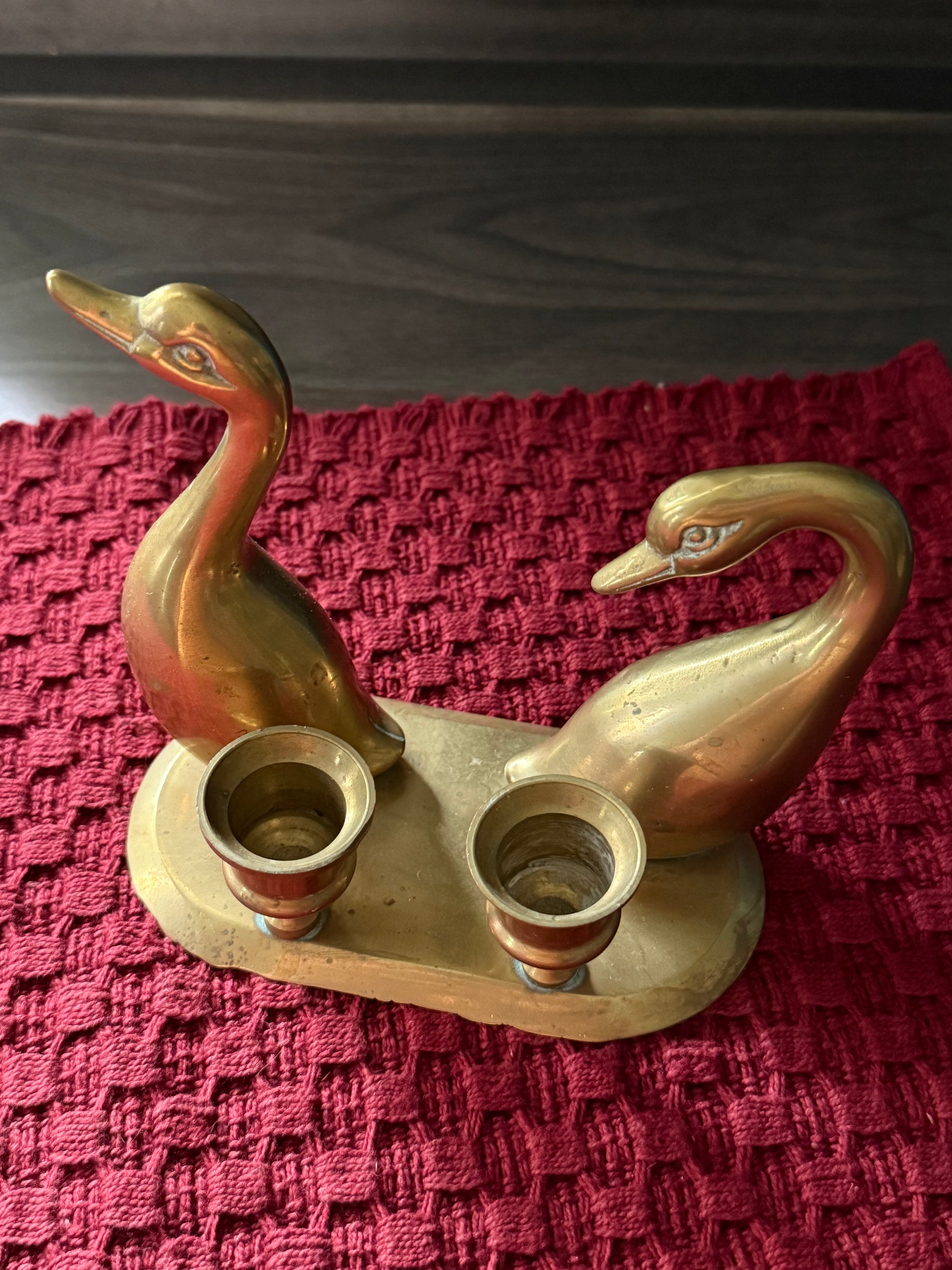 Vintage Brass Swan Double Taper Candle Holder