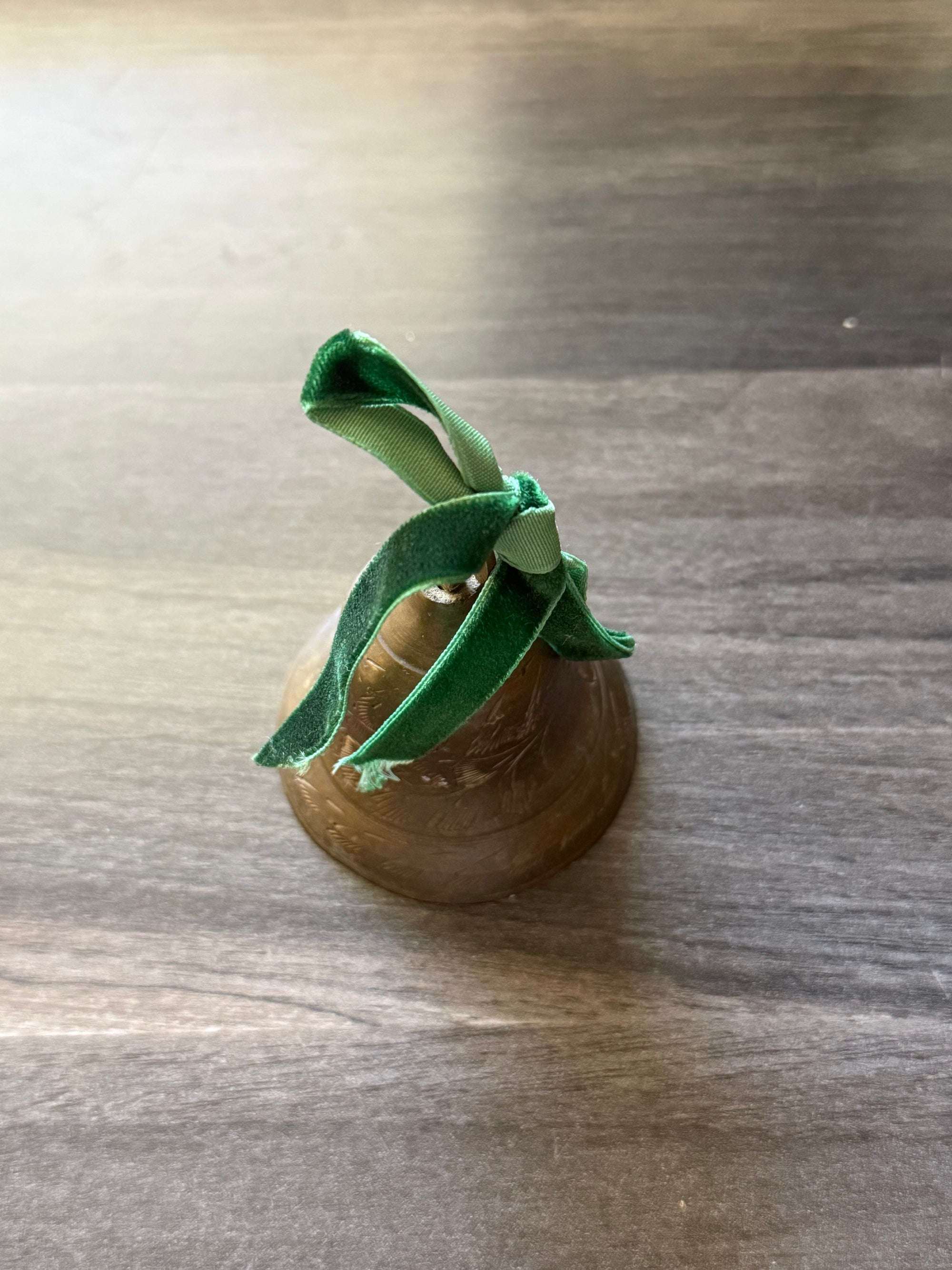 Vintage Brass Christmas Bell with Green Velvet Bow – 3” | The Heirloom Collection