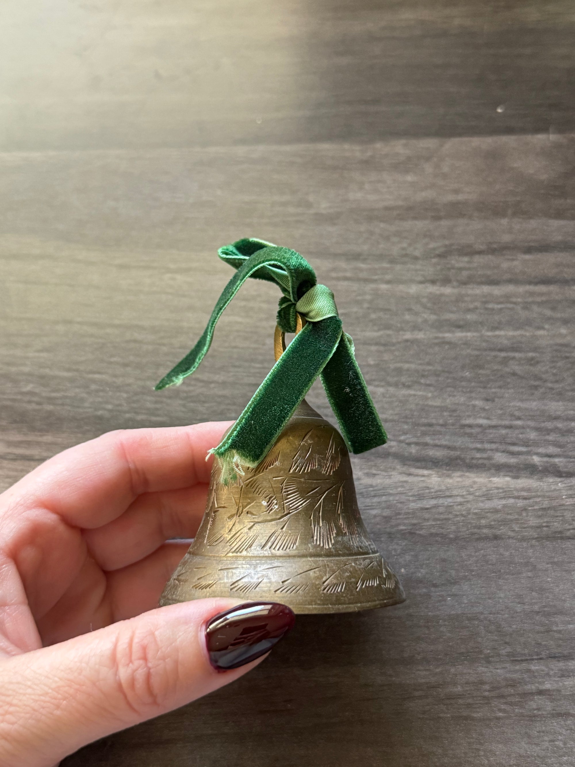 Vintage Brass Christmas Bell with Green Velvet Bow – 3” | The Heirloom Collection