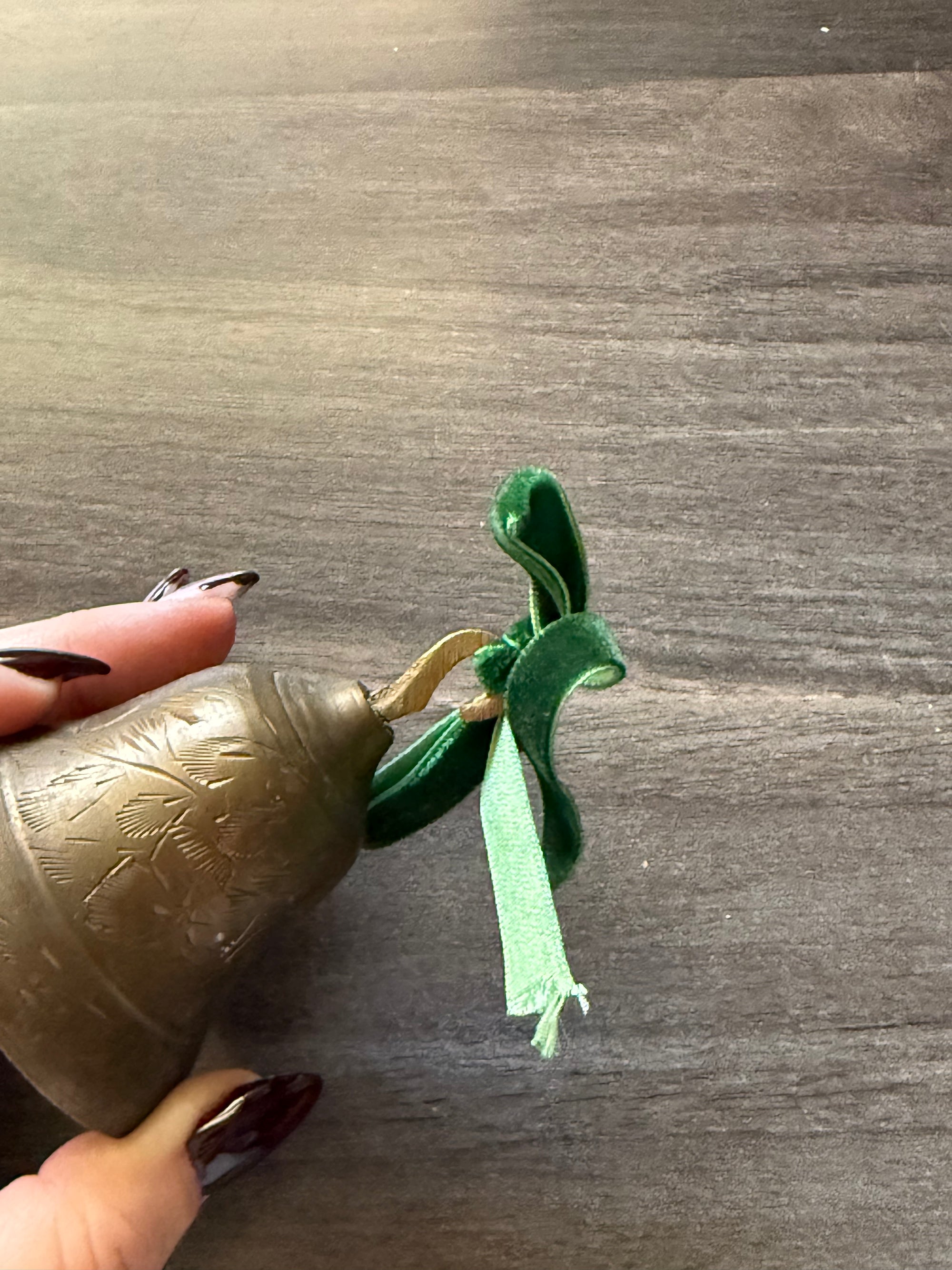 Vintage Brass Christmas Bell with Green Velvet Bow – 3” | The Heirloom Collection