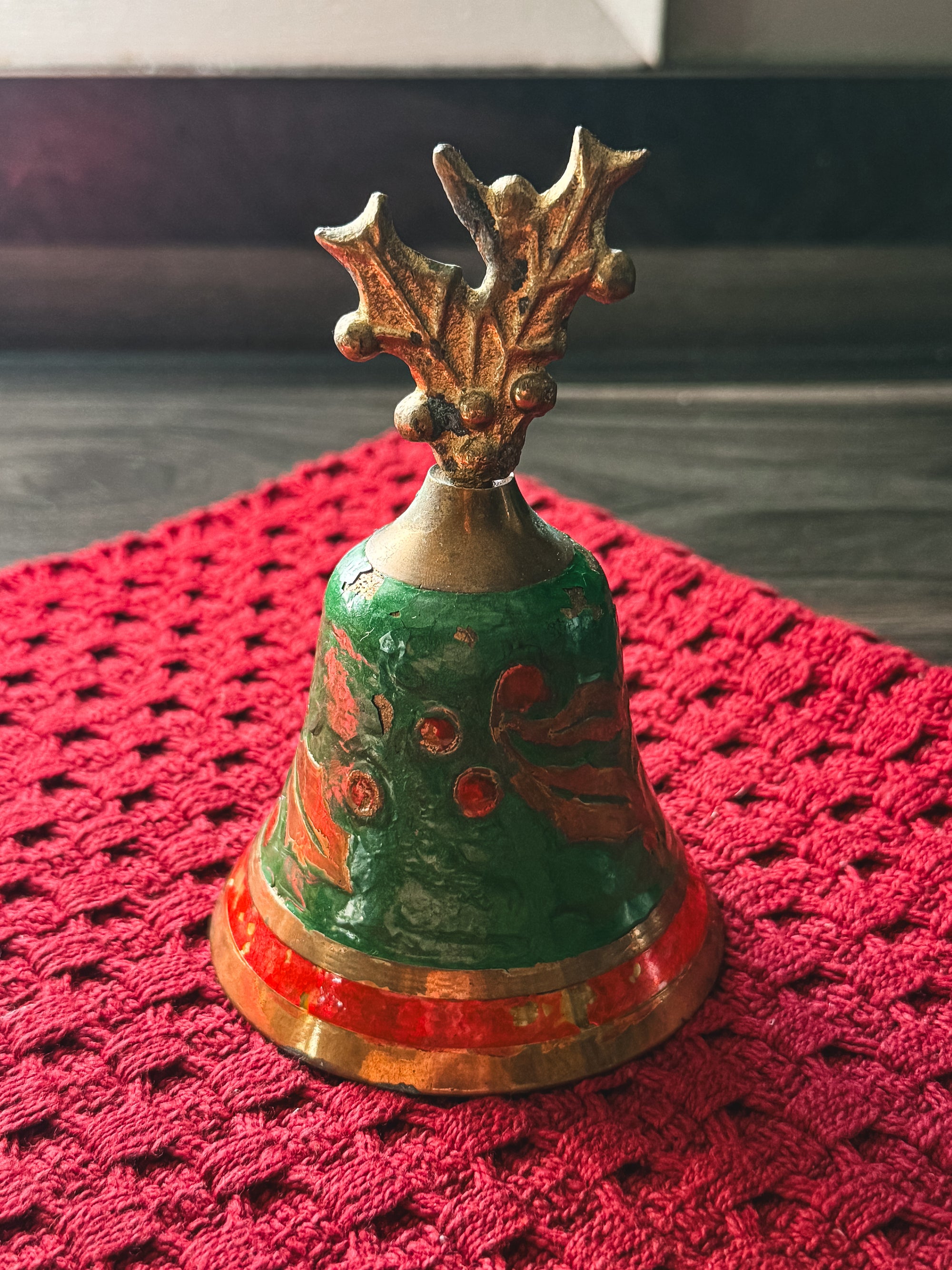 Vintage Enameled Brass Christmas Bell with Holly Finial – 5” | The Heirloom Collection