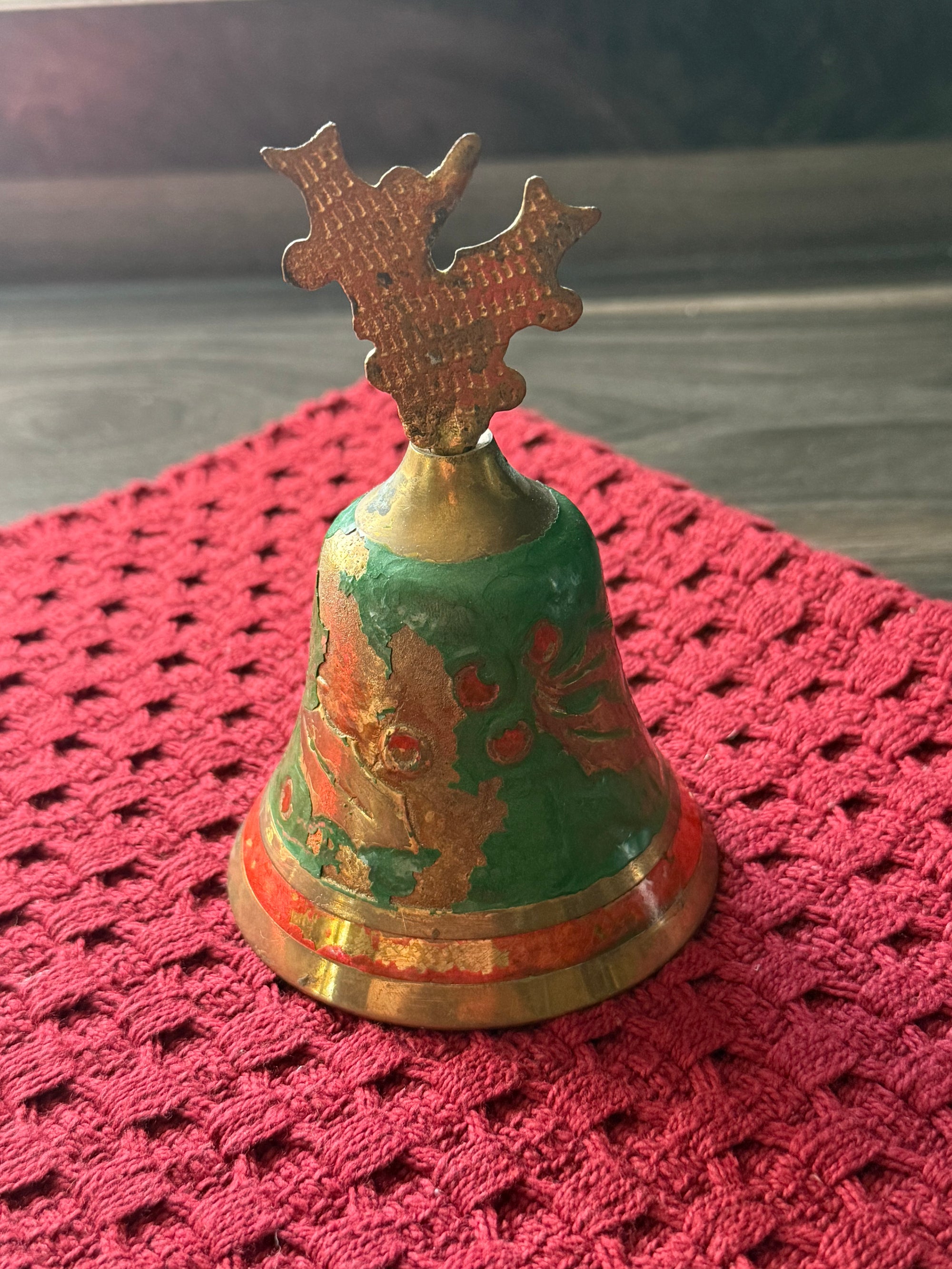 Vintage Enameled Brass Christmas Bell with Holly Finial – 5” | The Heirloom Collection