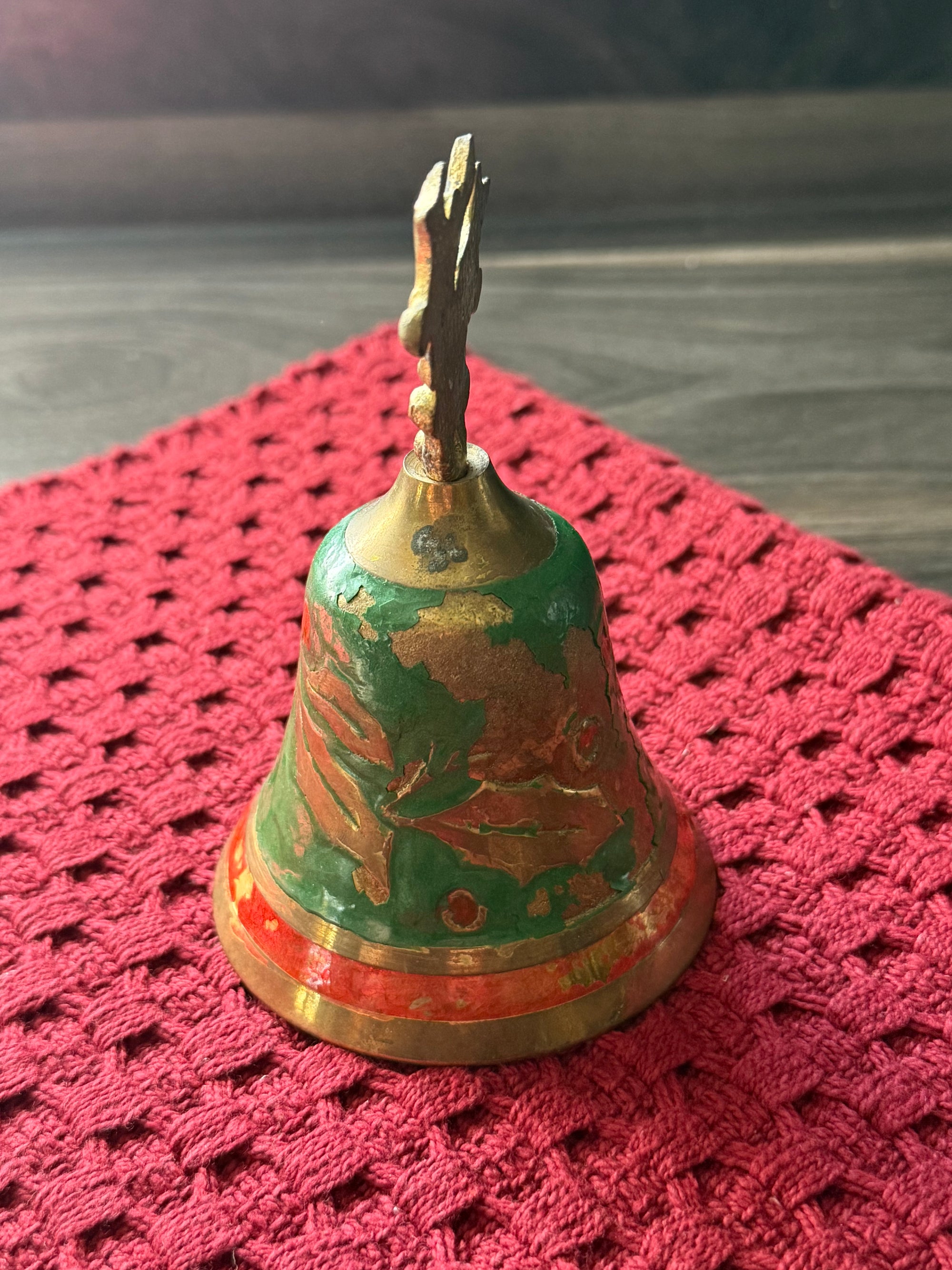 Vintage Enameled Brass Christmas Bell with Holly Finial – 5” | The Heirloom Collection