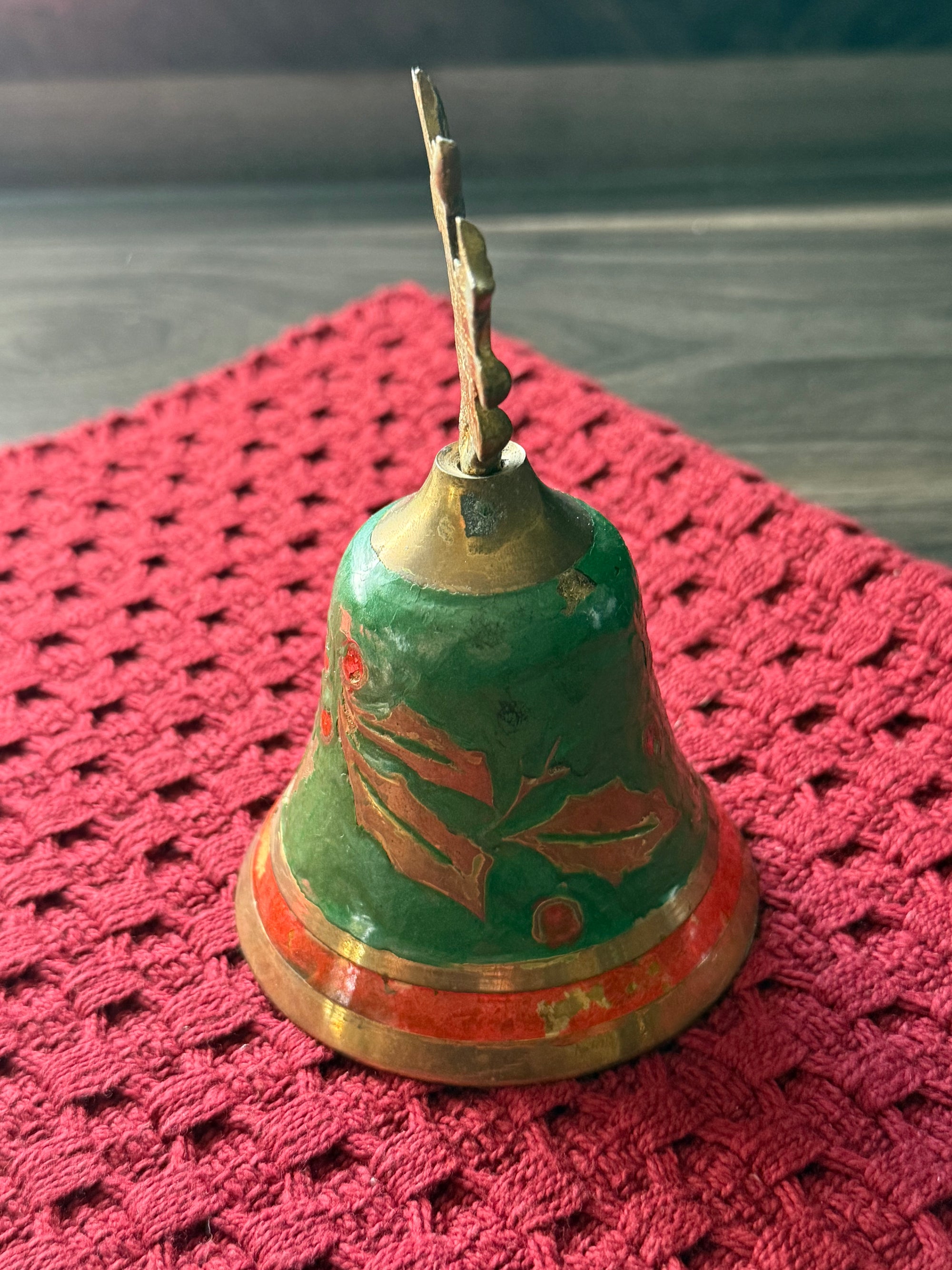 Vintage Enameled Brass Christmas Bell with Holly Finial – 5” | The Heirloom Collection