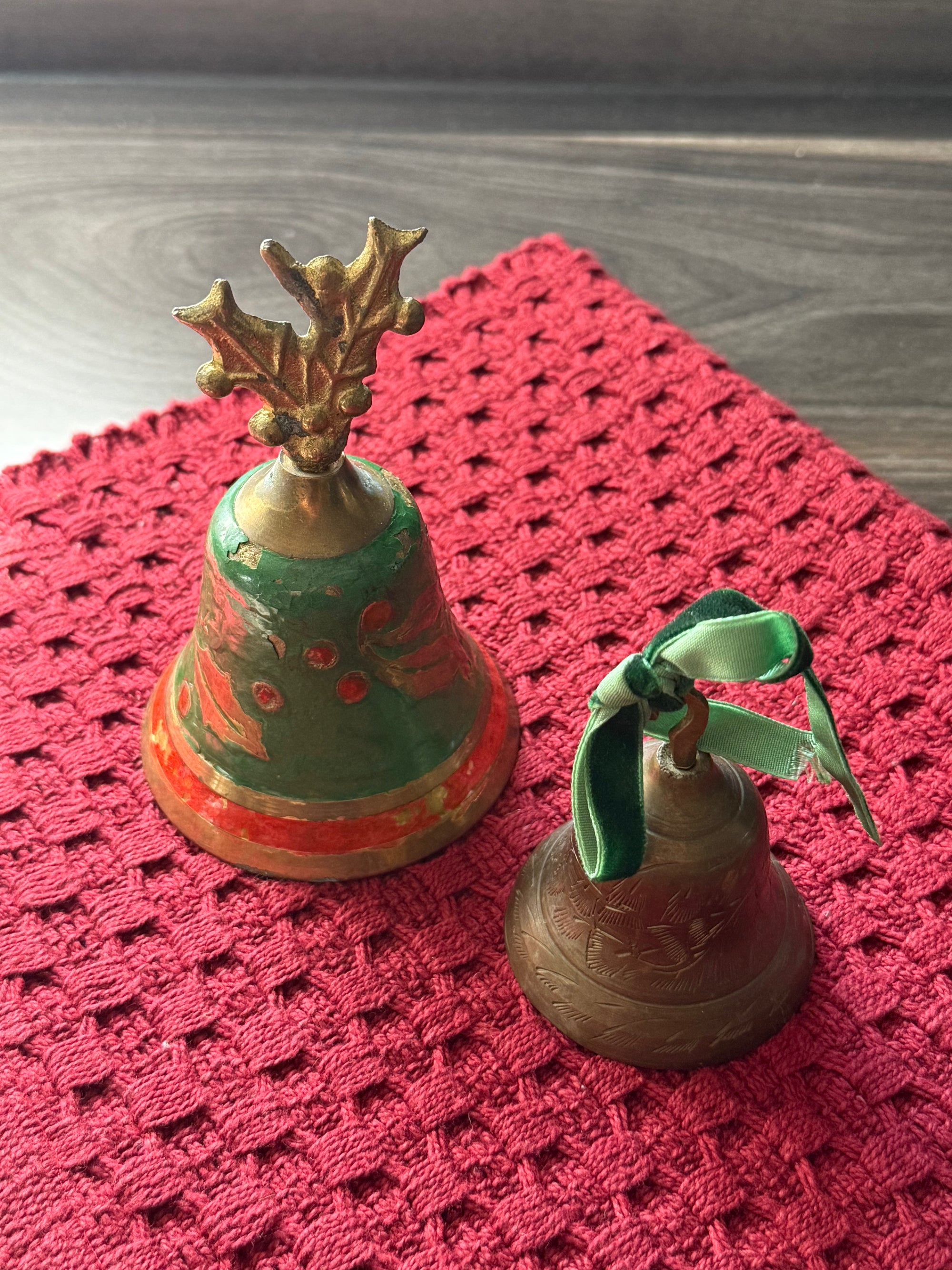 Vintage Enameled Brass Christmas Bell with Holly Finial – 5” | The Heirloom Collection
