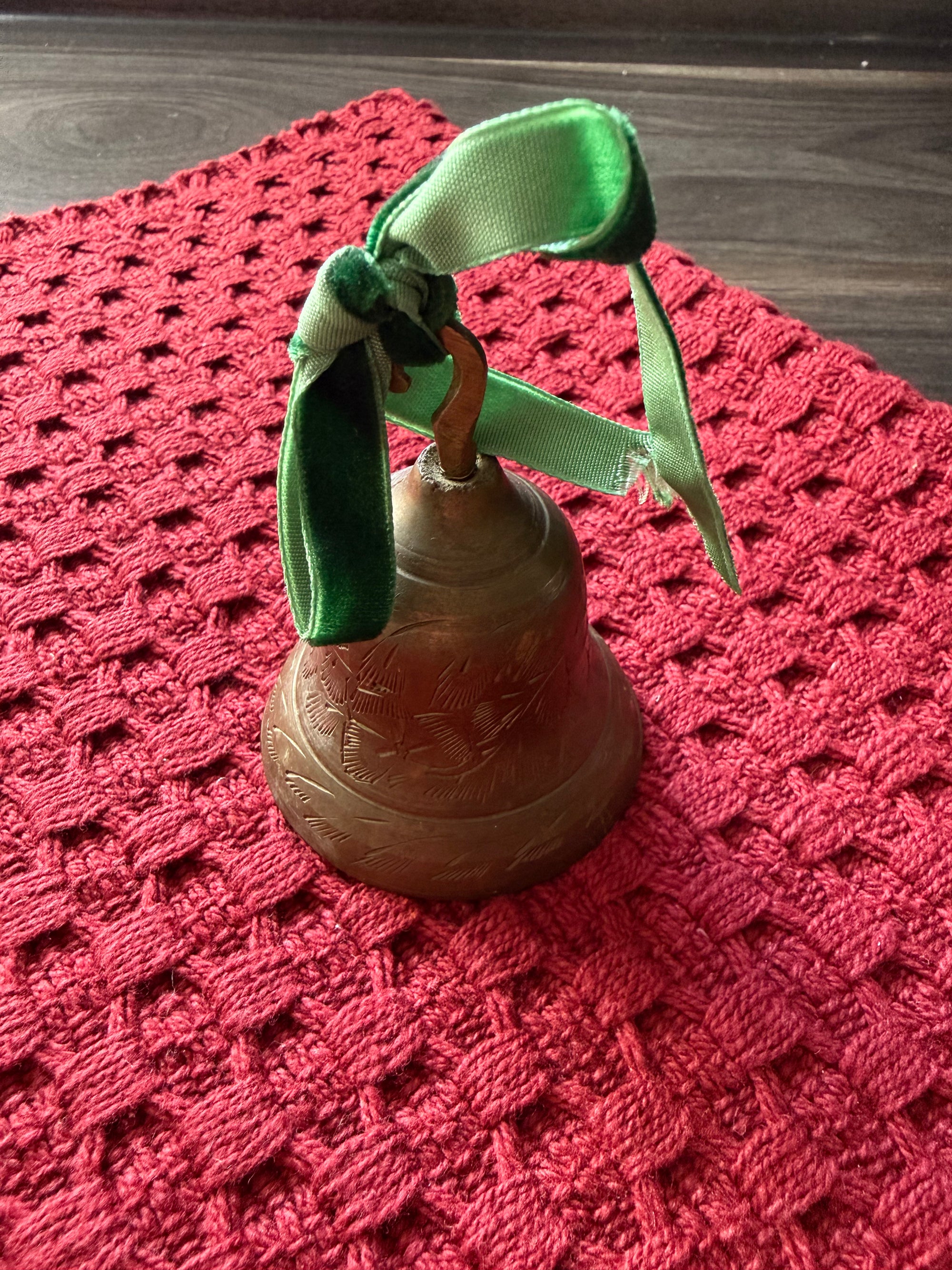 Vintage Brass Christmas Bell with Green Velvet Bow – 3” | The Heirloom Collection