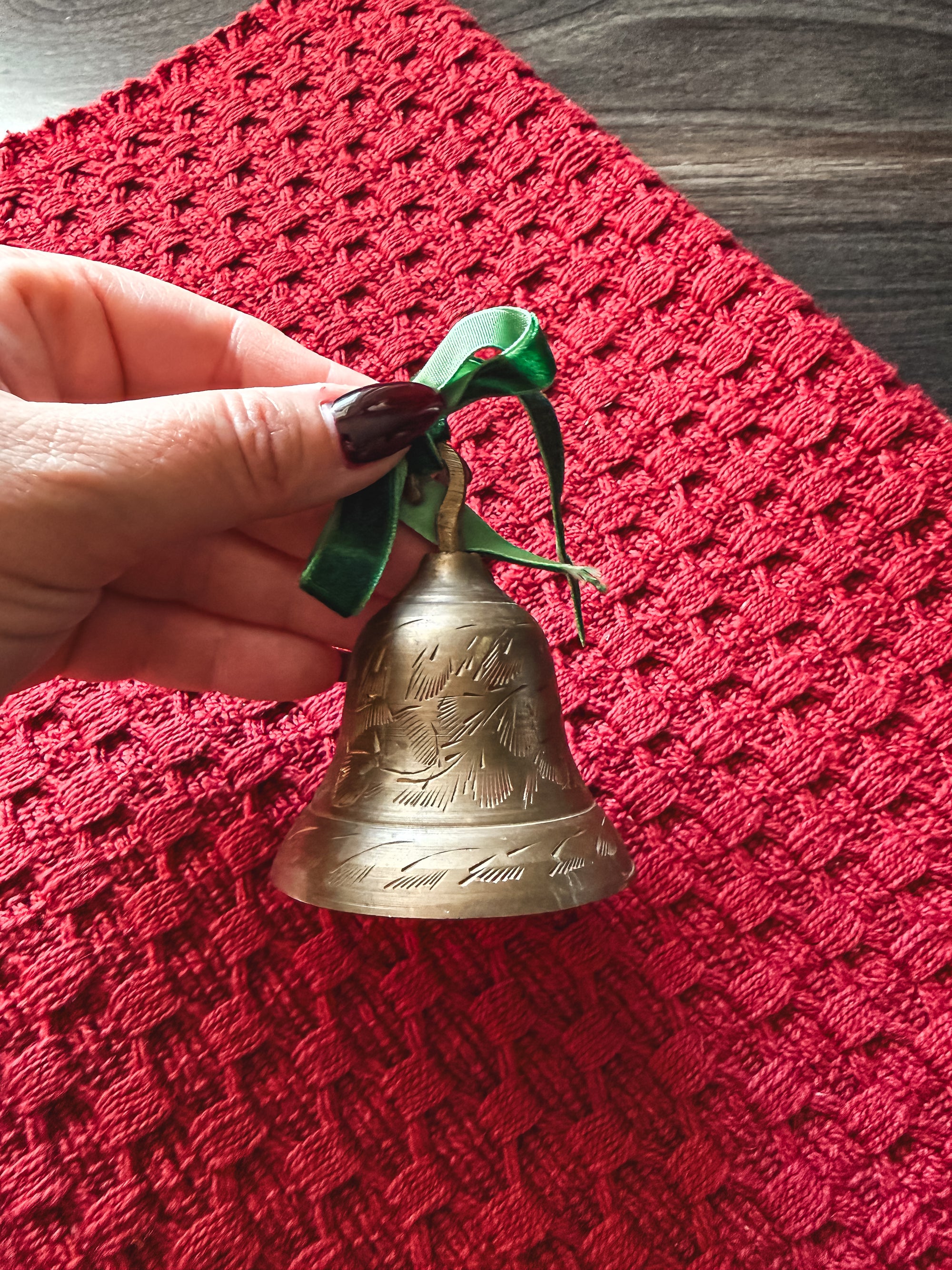 Vintage Brass Christmas Bell with Green Velvet Bow – 3” | The Heirloom Collection