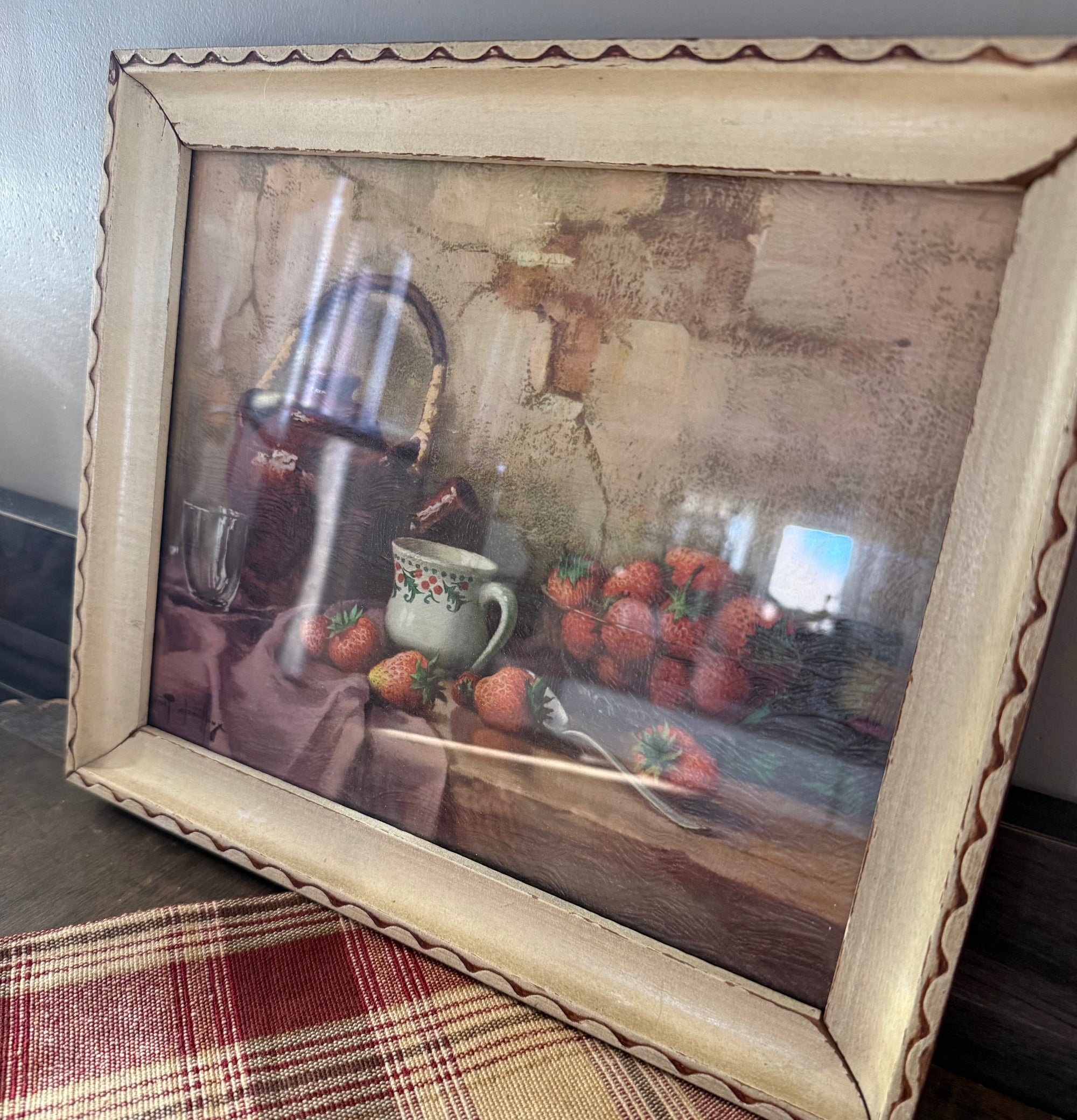 Vintage-Style Strawberry & Teapot Still Life Framed Art Print – 10” x 12”