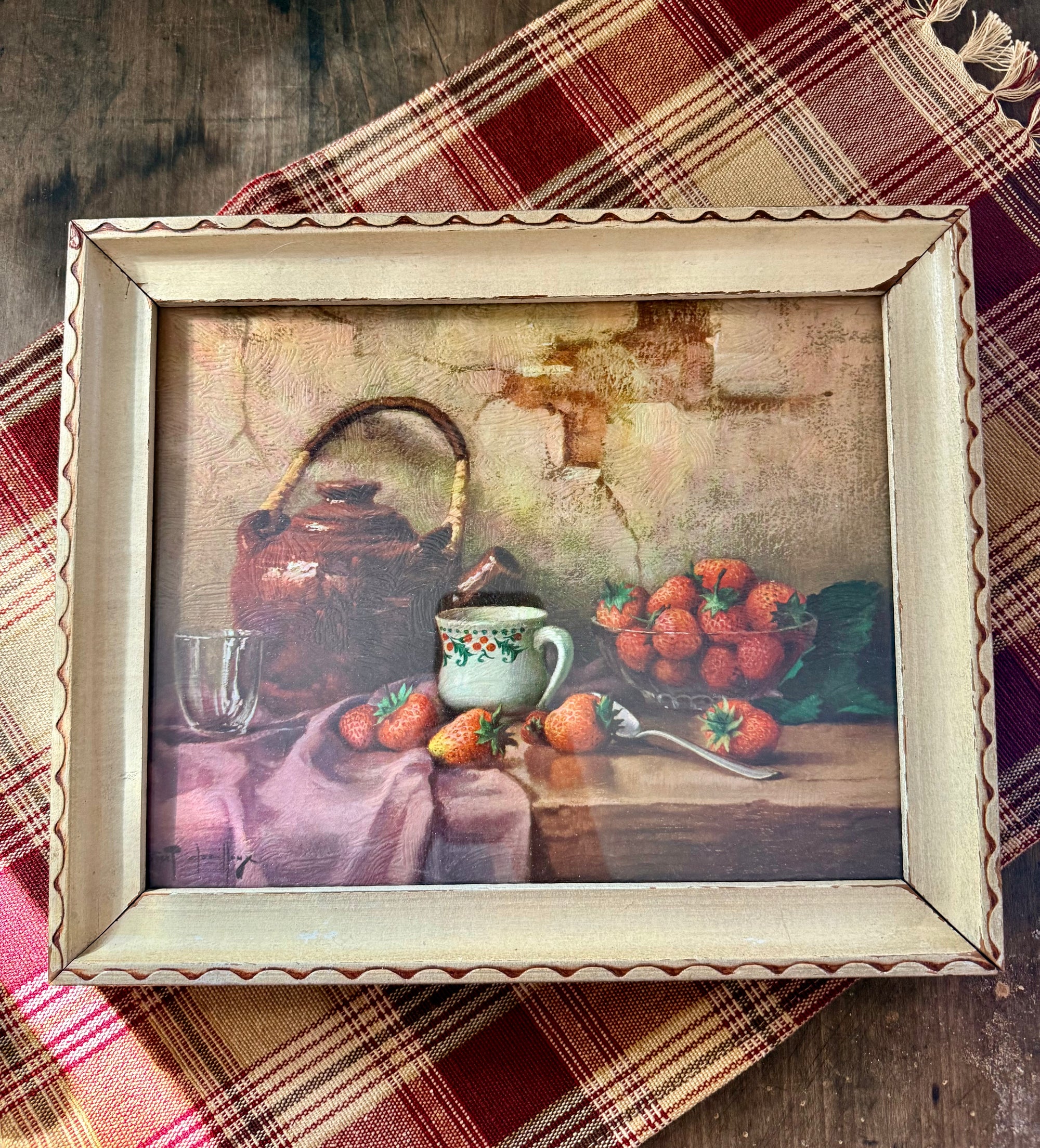 Vintage-Style Strawberry & Teapot Still Life Framed Art Print – 10” x 12”