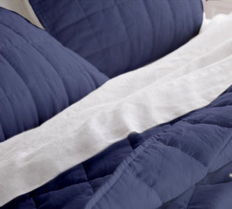 Close-up of a blue and white quilted comforter