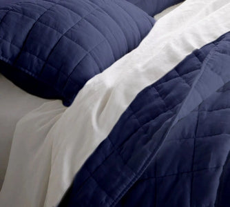 Navy and white quilted comforter on a bed