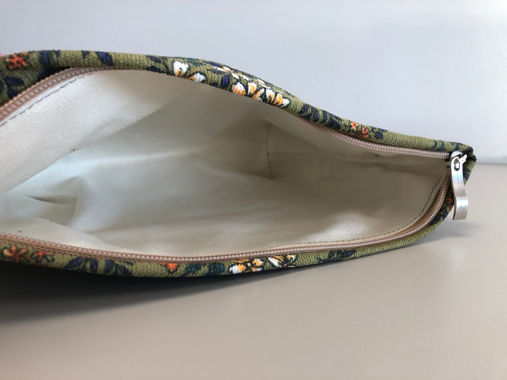 Zippered Olive Green Floral Cosmetic Bag
