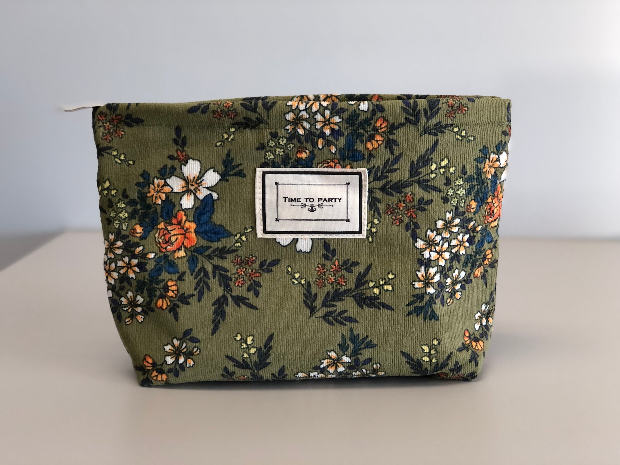 Zippered Olive Green Floral Cosmetic Bag