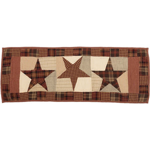 A rustic quilted table runner featuring three large stitched stars in plaid and checkered patterns, framed by a matching plaid border on a white background.