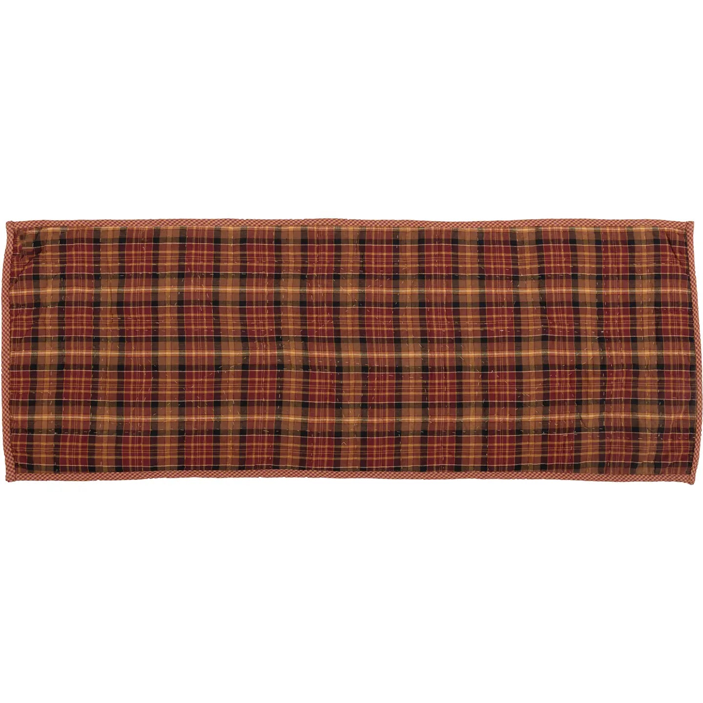 A rectangular plaid fabric item, likely a pocket square or small cloth accessory, featuring a red, black, and tan tartan pattern on a white background.