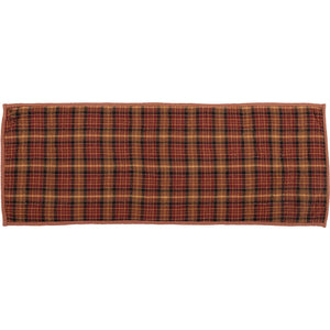A rectangular plaid fabric item, likely a pocket square or small cloth accessory, featuring a red, black, and tan tartan pattern on a white background.