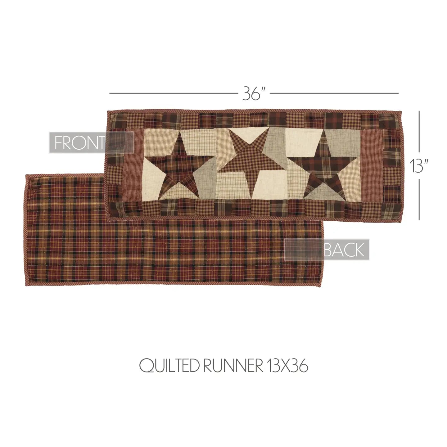 Quilted runner with star pattern and measurements on a white background