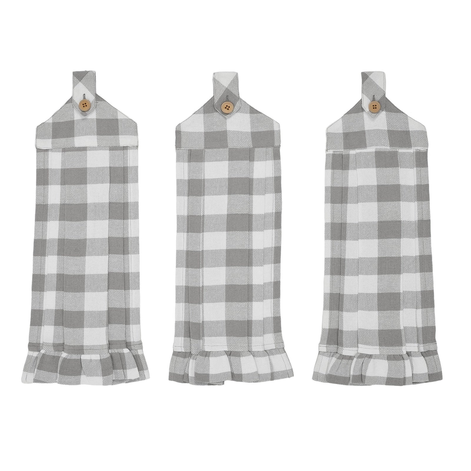 Three matching gray and white buffalo plaid baby bibs with ruffled hems and wooden button closures, displayed side-by-side on a white background.