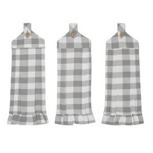 Three matching gray and white buffalo plaid baby bibs with ruffled hems and wooden button closures, displayed side-by-side on a white background.