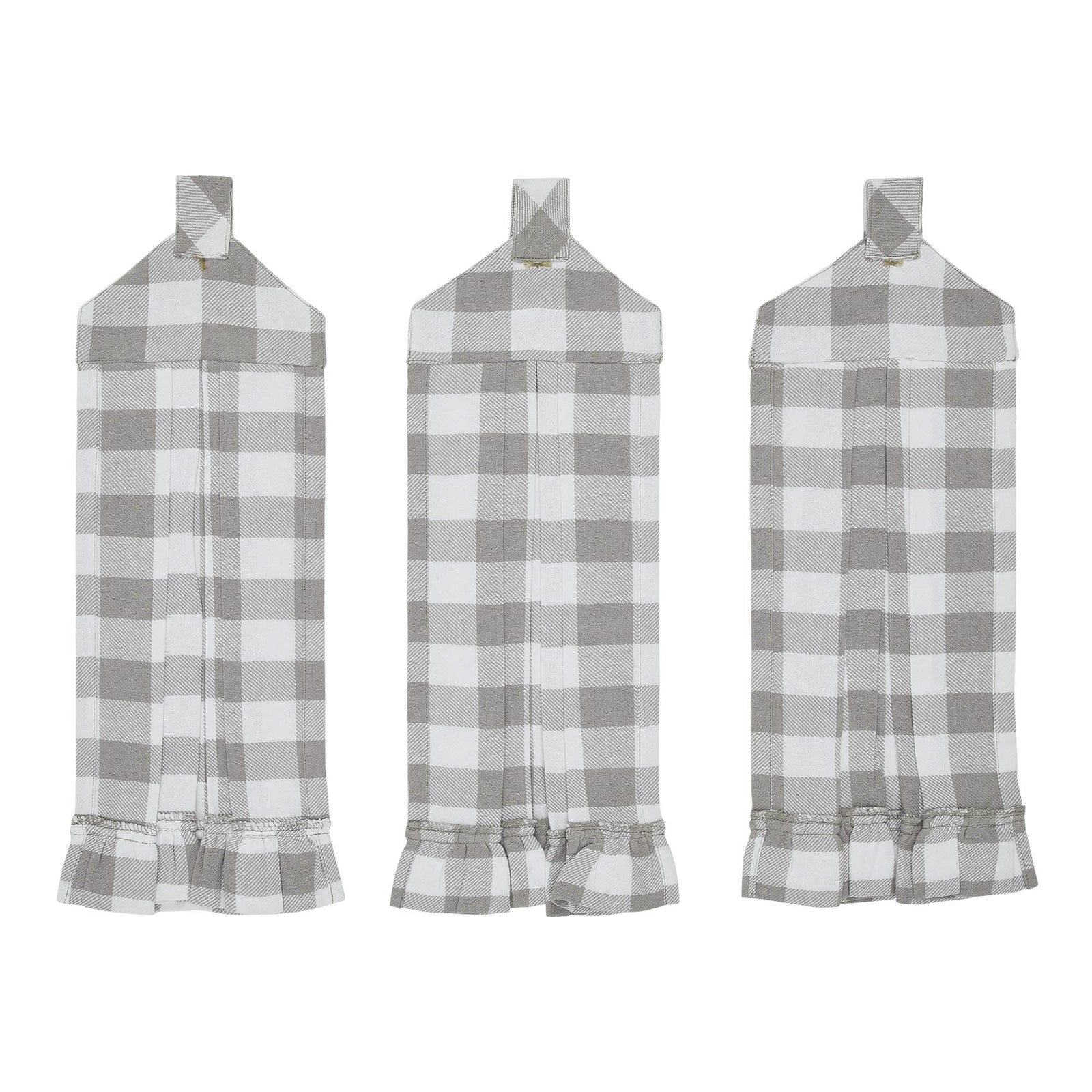 Three gray and white checkered aprons on a white background