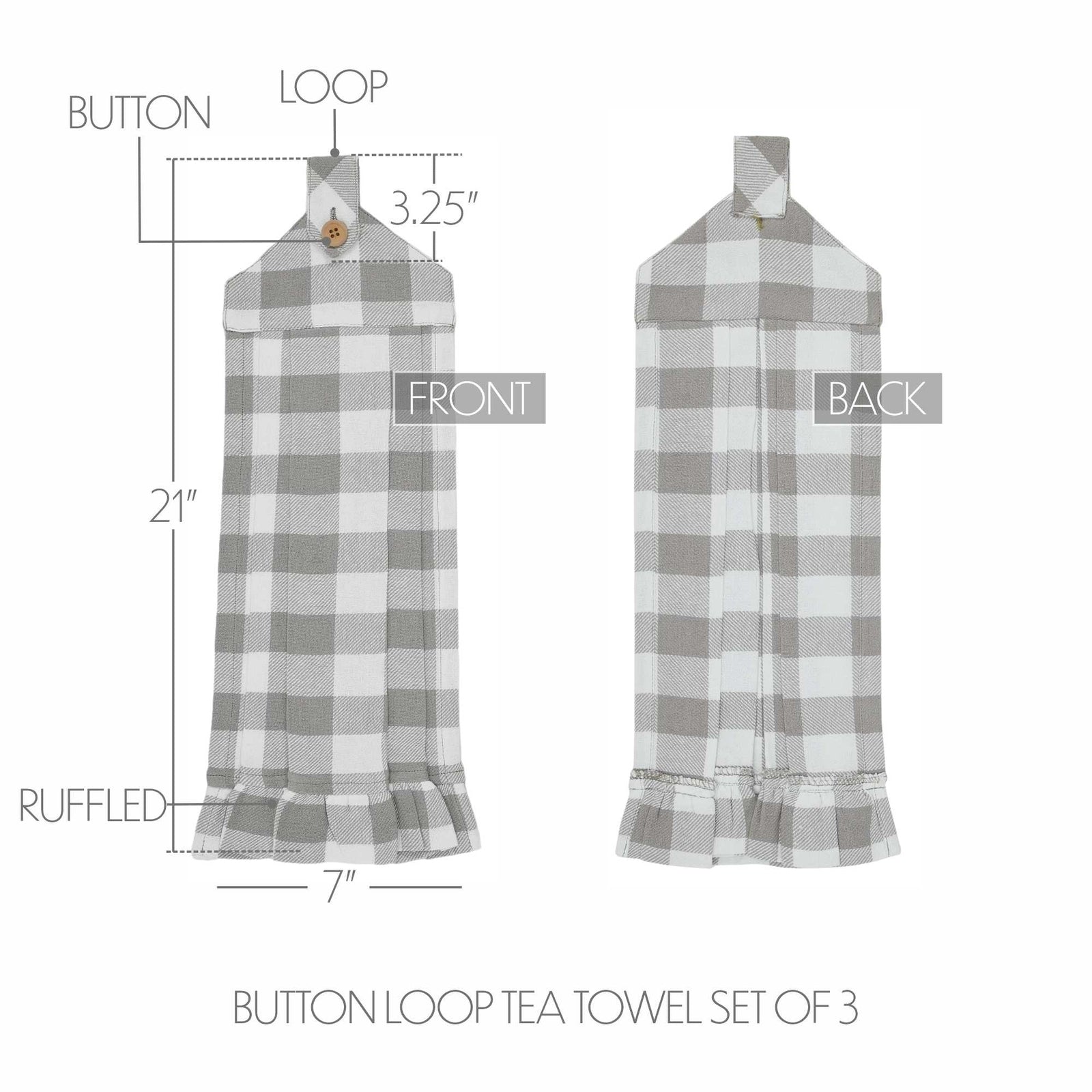 Front and back views of a gray and white buffalo plaid button loop tea towel set, showing dimensions including a 21-inch length, 7-inch ruffled hem, 3.25-inch button loop, and 1.
