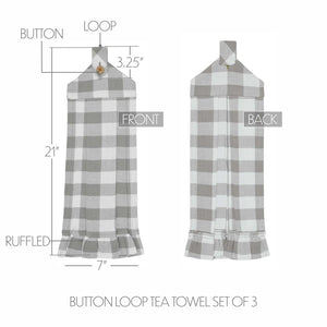 Front and back views of a gray and white buffalo plaid button loop tea towel set, showing dimensions including a 21-inch length, 7-inch ruffled hem, 3.25-inch button loop, and 1.