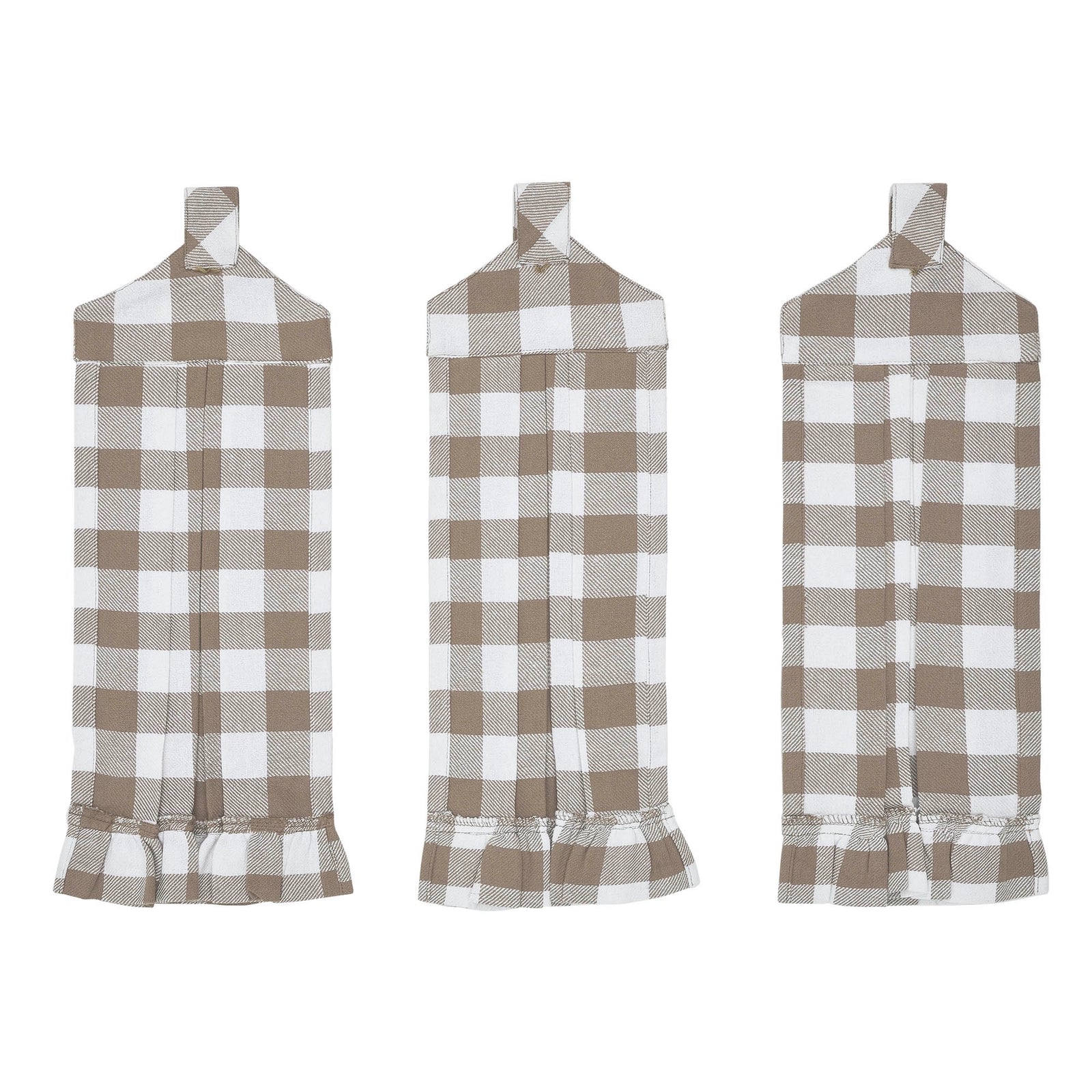 Three matching kitchen towel or napkin-style hanging cloths with a brown and white buffalo plaid pattern, shown on a plain white background.
