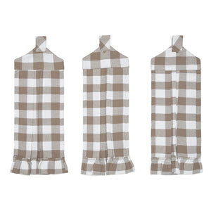 Three matching kitchen towel or napkin-style hanging cloths with a brown and white buffalo plaid pattern, shown on a plain white background.