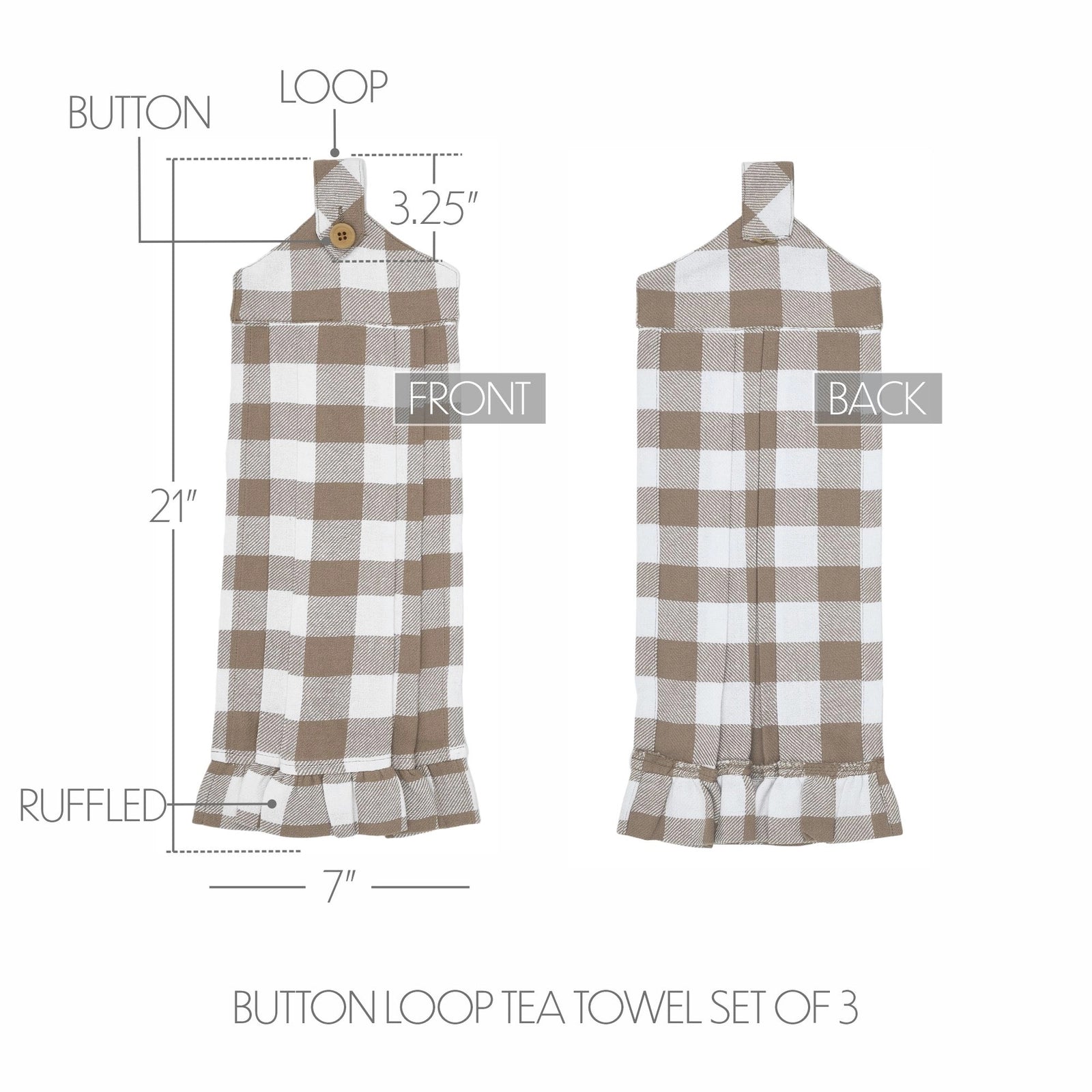 Front and back views of a button loop tea towel set with brown and white gingham plaid pattern, showing dimensions of 21 inches by 7 inches with a button and loop detail.