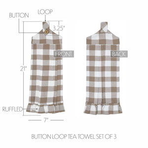 Front and back views of a button loop tea towel set with brown and white gingham plaid pattern, showing dimensions of 21 inches by 7 inches with a button and loop detail.