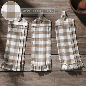Three checkered curtains with ruffled bottom hem on a wooden surface, fabric labeled as 100% cotton.