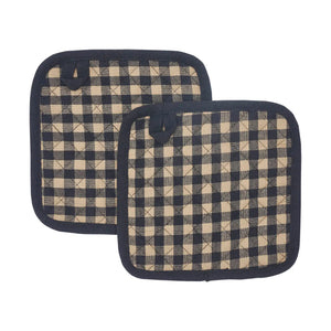 Two checkered pot holders with black and beige pattern on a white background