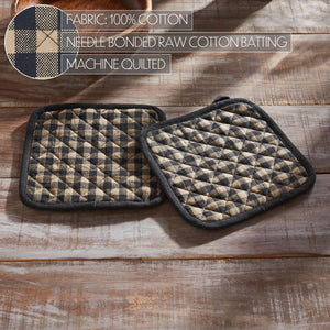 Two quilted cotton pot holders with a beige and dark gray buffalo plaid pattern, displayed on a rustic wooden surface. A circular fabric detail inset and text overlays specify the materials and construction.