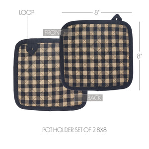 Set of two plaid pot holders with measurements and labels on a white background