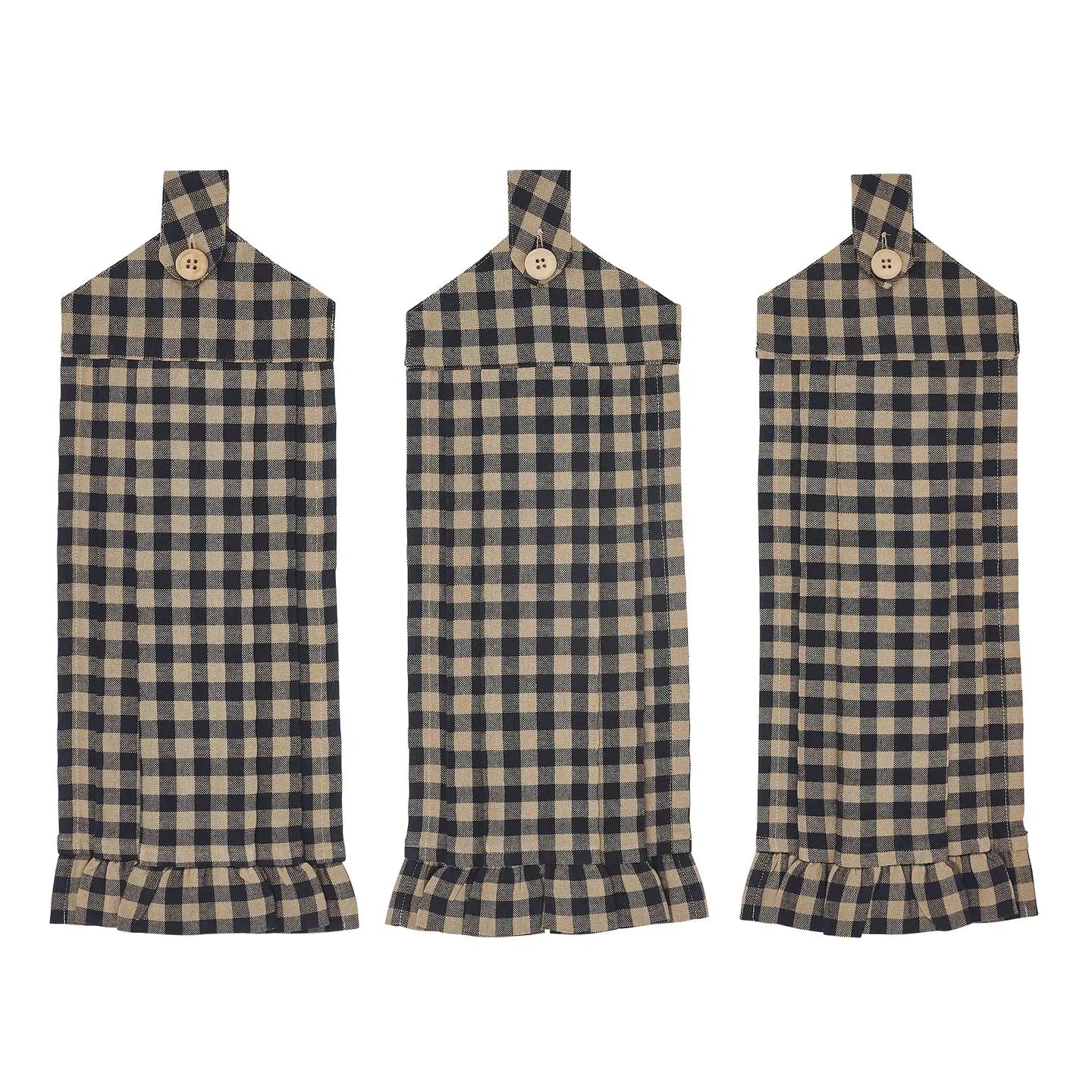 Three checkered hanging towels on a white background