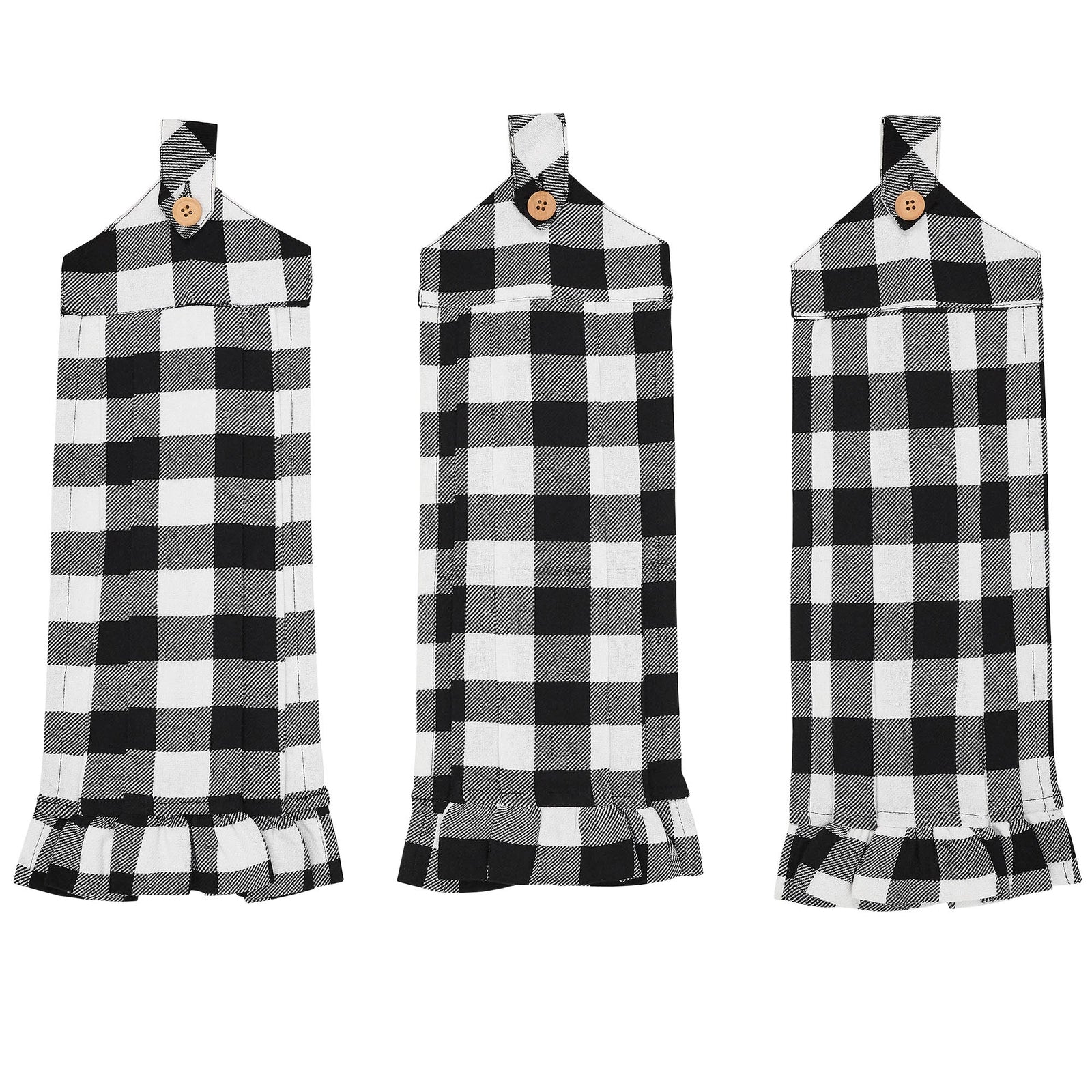 Three black and white buffalo plaid kitchen towel or apron-style hanging cloths with wooden buttons and ruffled hems, displayed side by side on a white background.