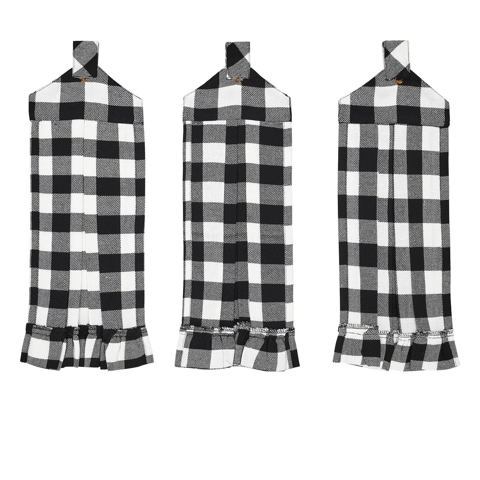 Three black and white buffalo plaid apron covers shown flat against a white background, each with a top loop and ruffled hem.