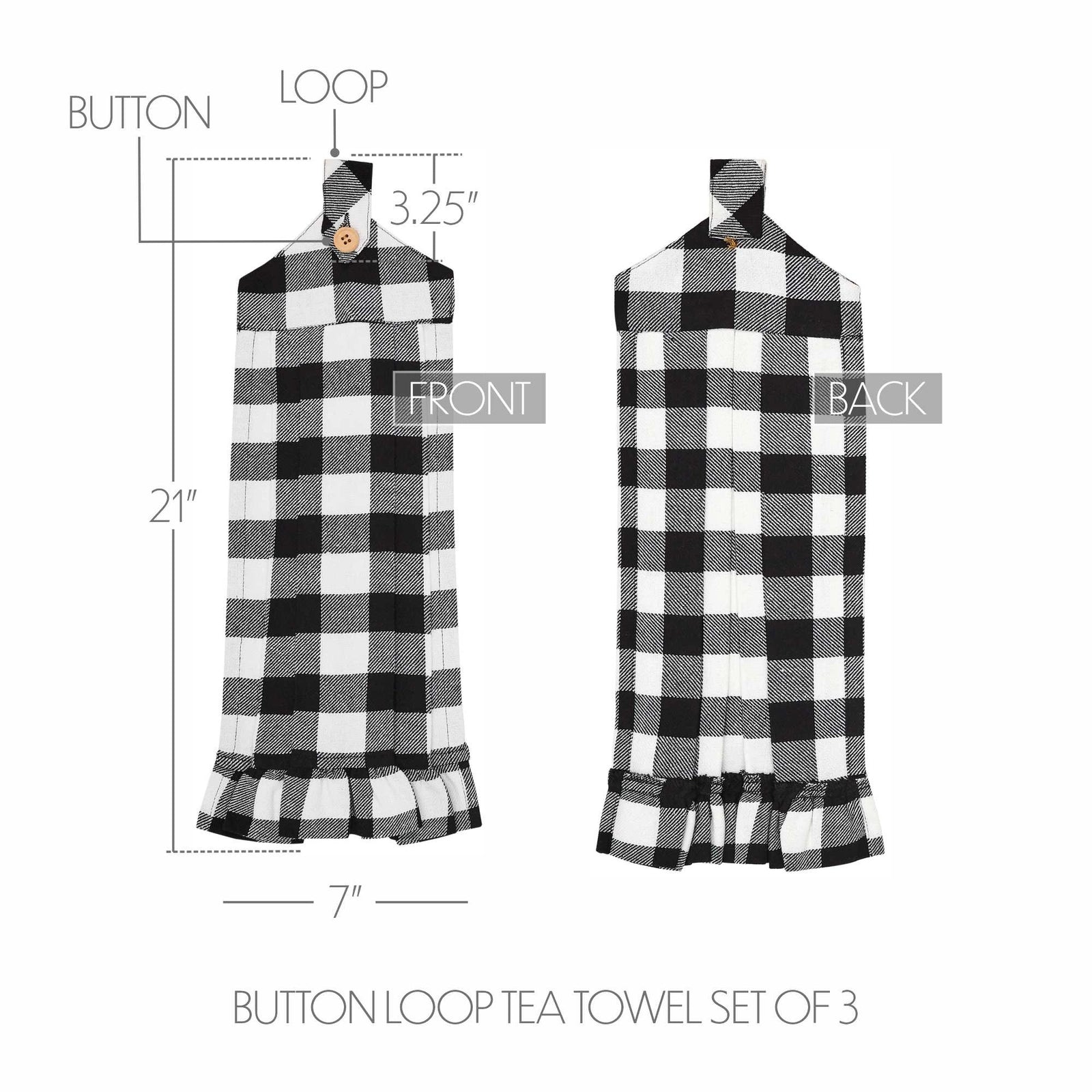 Black and white checkered tea towel set with measurements on a white background
