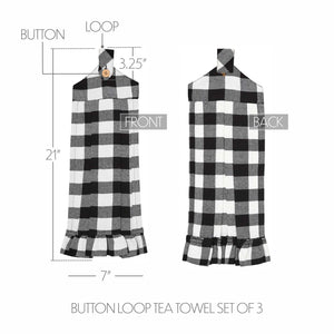 Black and white checkered tea towel set with measurements on a white background