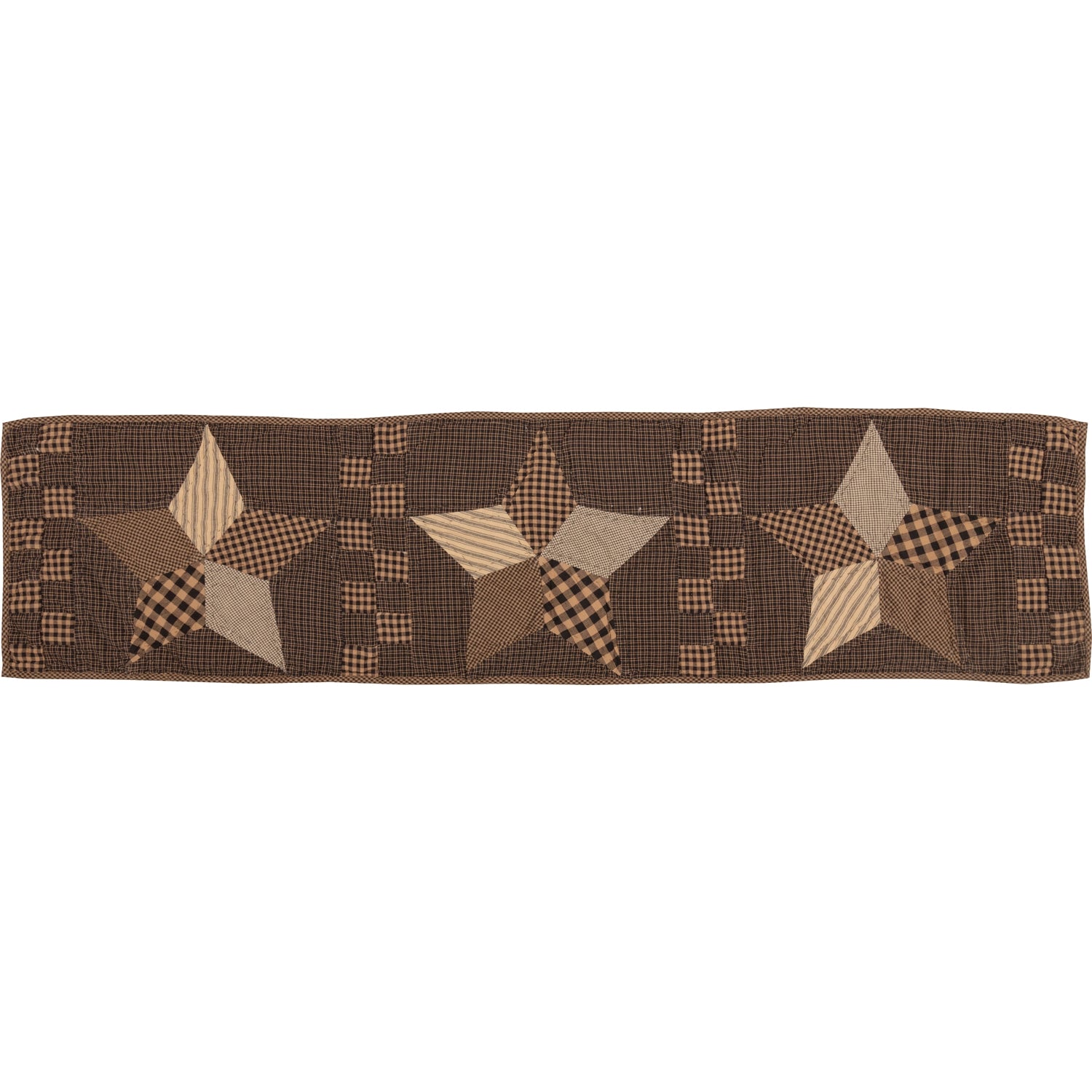 A brown quilted table runner featuring a rustic star pattern with beige and brown patchwork stars and checkered details, shown against a plain white background.