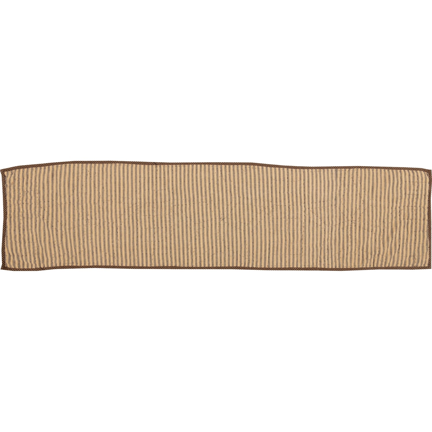 A rectangular woven runner rug with vertical beige and brown stripes and a solid dark brown border, shown flat against a white background.