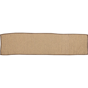 A rectangular woven runner rug with vertical beige and brown stripes and a solid dark brown border, shown flat against a white background.