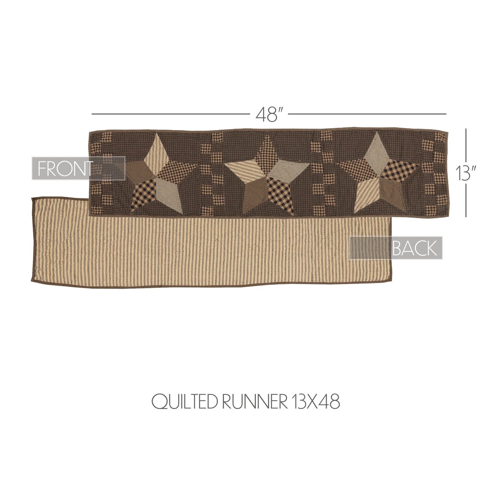 A quilted runner shown flat on a white background with front and back views, labeled with dimensions 48 by 13. The top section has a dark brown background with beige and tan star and patchwork motifs, and the bottom section is beige with fine vertical stripes.
