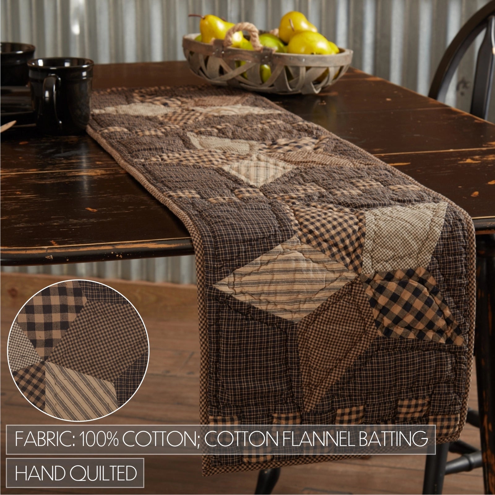 A rustic brown patchwork table runner with a quilted cotton fabric design, displayed on a dark wooden dining table. The runner features various patchwork patterns including plaid, check, and solid brown tones.