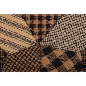 A close-up fabric swatch display showing multiple woven patterns in tan, beige, and black, including stripes, plaid, and small-scale checks.