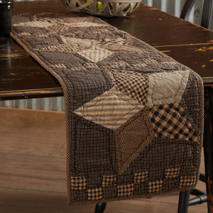 A rustic quilted table runner with a patchwork design in brown, beige, and black gingham fabrics, draped over a dark wooden dining table.