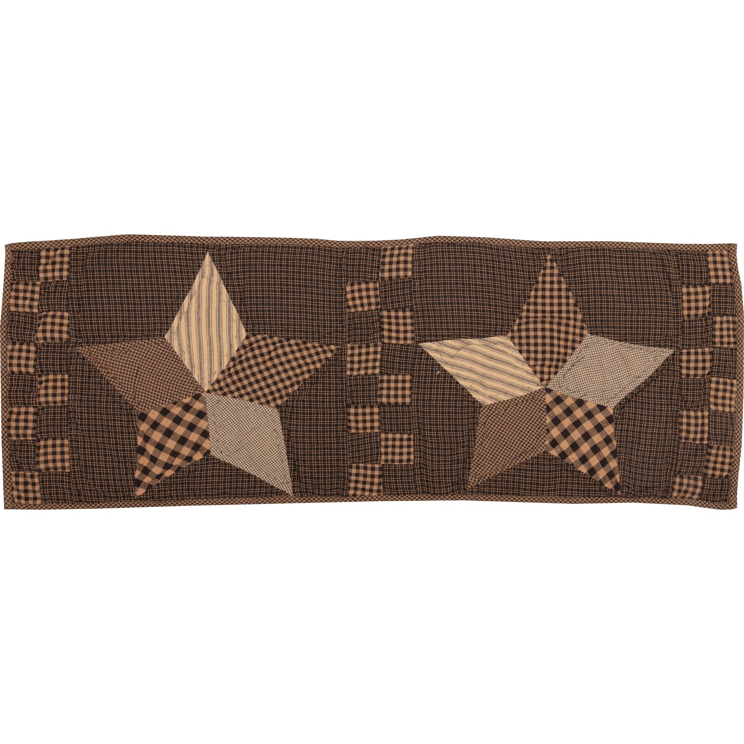 A rectangular quilted table runner featuring two rustic star motifs and checkered borders in brown, beige, and black gingham patterns, shown against a plain white background.